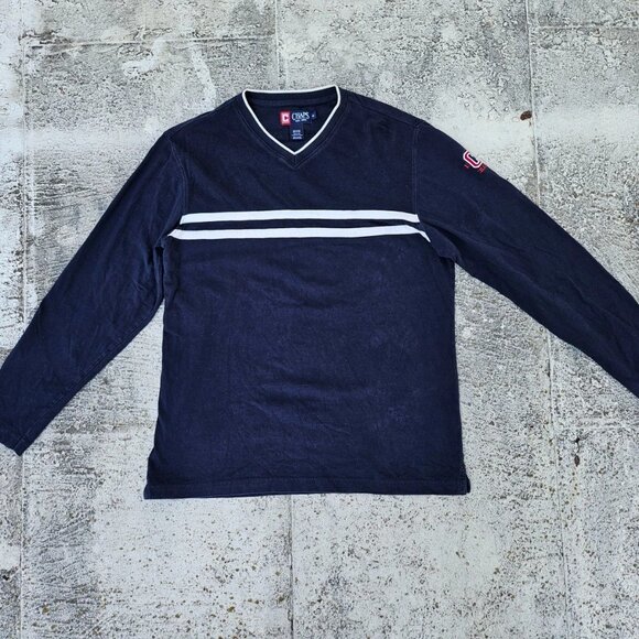 Chaps Men Sweat Shirt Long Sleeve V Neck T Shirt Navy Blue Cotton Top Size M - Picture 2 of 9